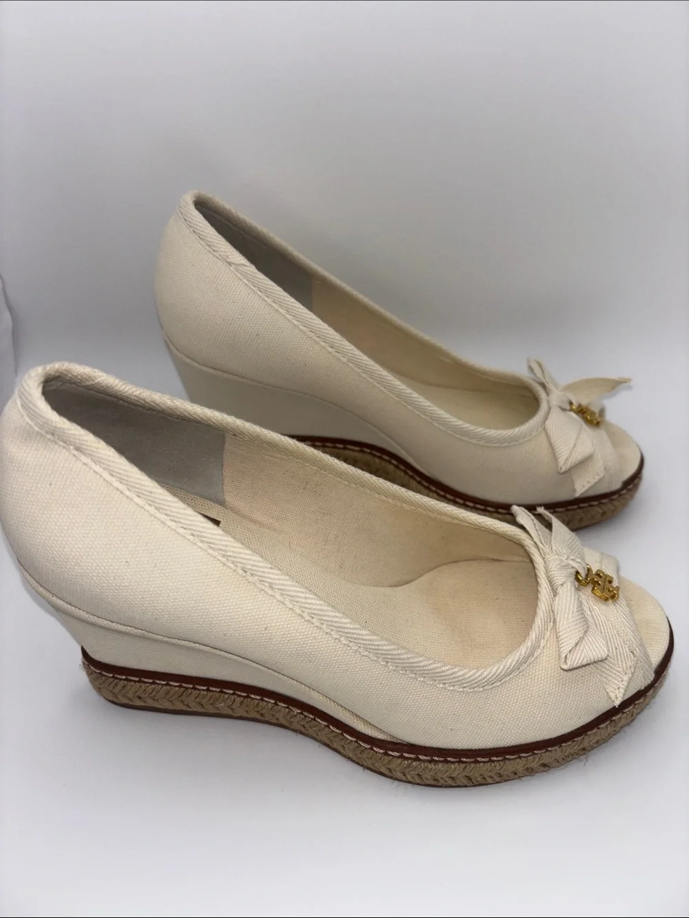 Tory Burch Cream Canvas Peep-Toe Espadrille Wedges with Gold Logo Charm